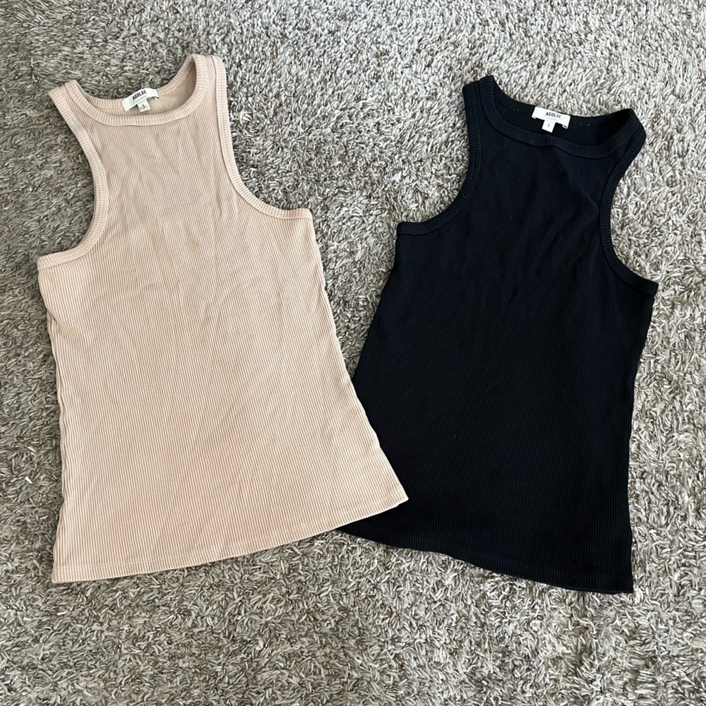 Bundle Agolde Rayne Black Tan Ribbed Cotton Lyocell Blend Tanks Women's Size S